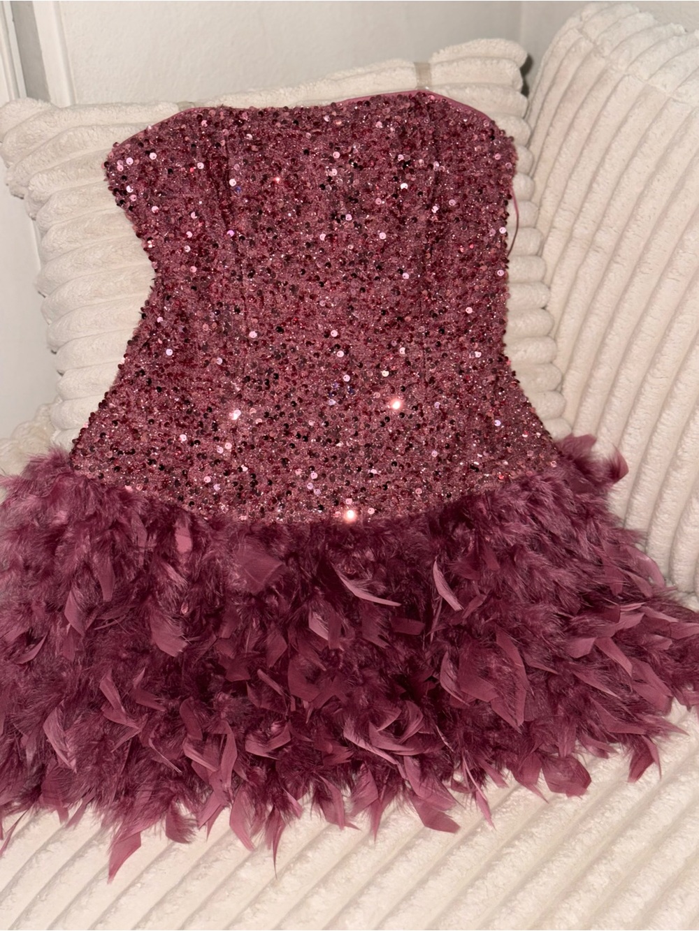 Fashion Nova Rose Pink Sequin Feather Mini Dress - Picture 2 of 2